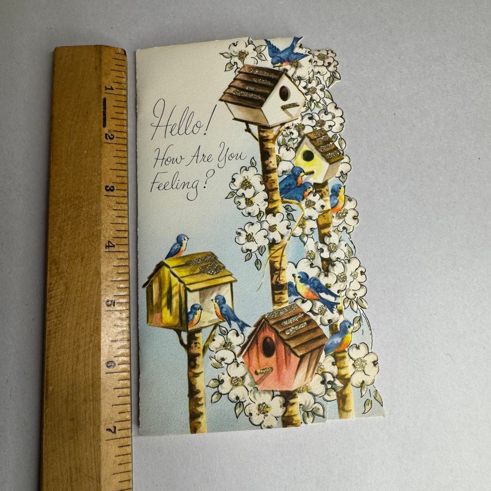 Vintage‎ Sangamon Get Well Card Bluebirds Birdhouses Die Cut Glitter 10-5902 USA